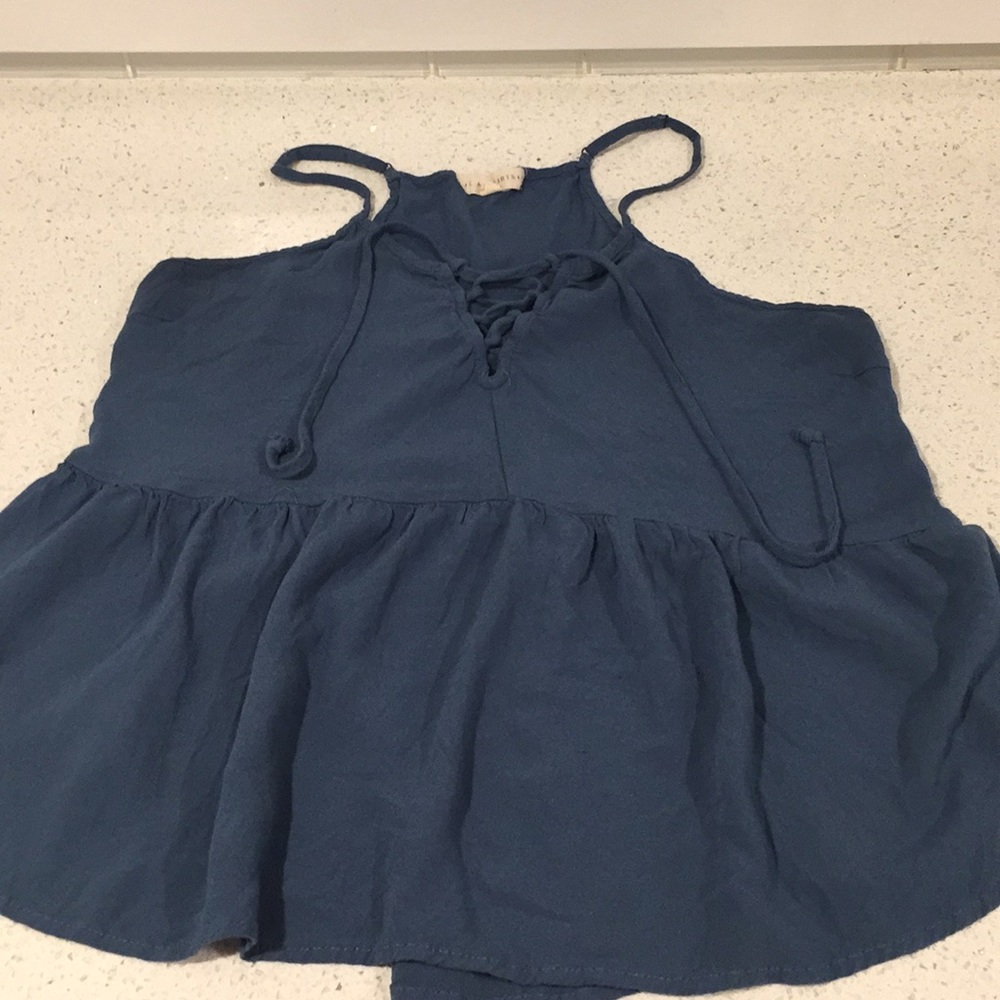 Flowy blue lace up tank top